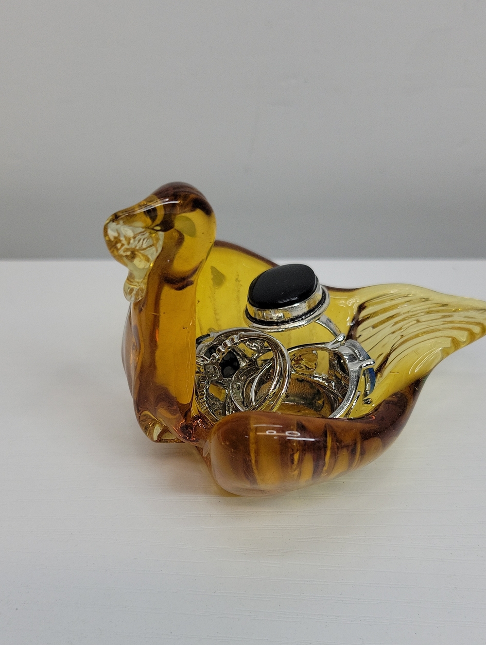 Amber Glass Bird Ring Dish With Sz7 Rings
